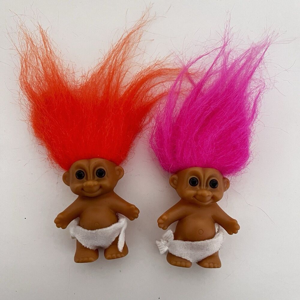 Vintage Russ Baby Trolls in Diapers Lot of 2 Orange Pink Hair 2"